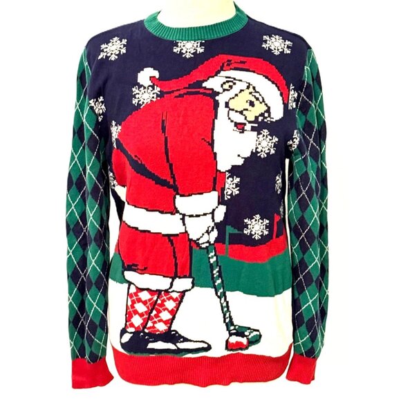 Ugly Christmas Sweater Golfing Santa Mens Medium Multicolor Pullover Novelty - Picture 1 of 7